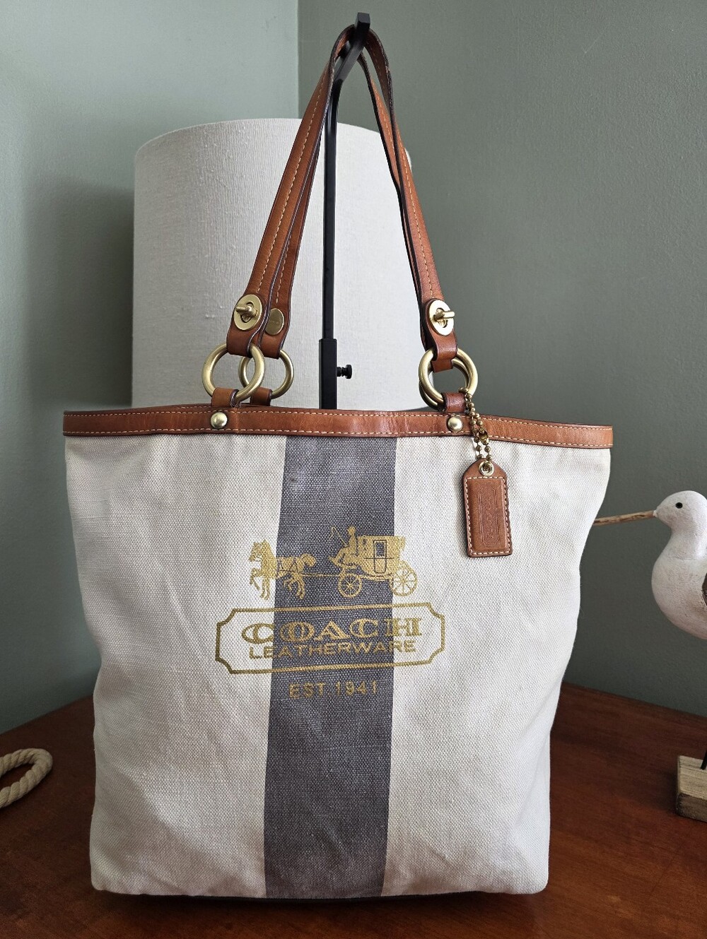 Coach 11535 Legacy Stripe Tote Cream Canvas Cognac Leather Shoulder Bag Y2K